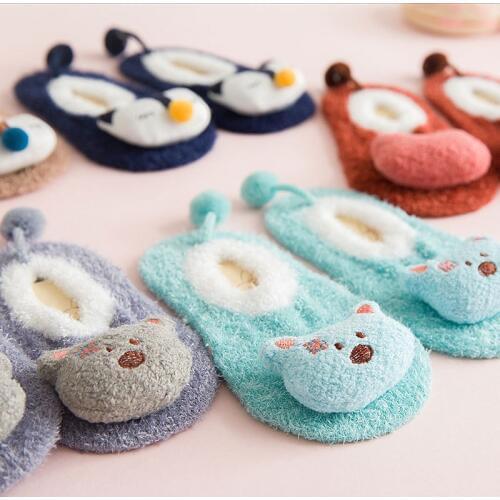 New Warm floor socks Non-slip coral velvet cartoon embroidery baby socks kids Toddlers Fashion newborn Cute First Walkers
