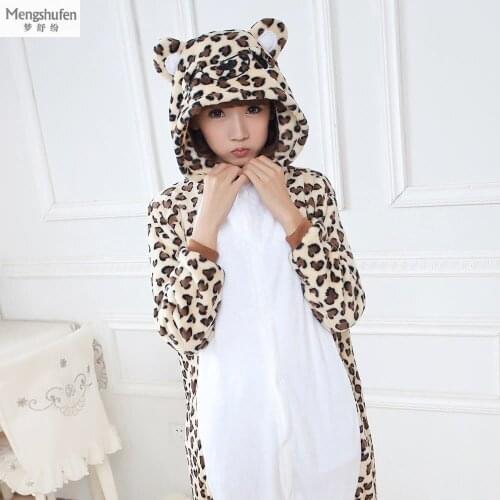 Cartoon Pijama Cosplay Leopard Grain Bear Couple Pajama Sets Flannel Warm Animal Pajamas One Piece For Adults Onesie