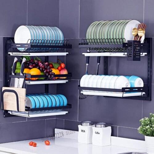 Punch-free hanging dish rack wall-mounted stainless steel drain kitchen rack tableware dishes drying tray storage shelf
