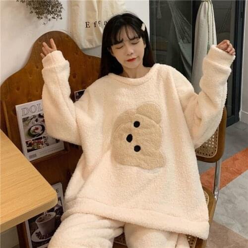 QWEEK Pajama Woman Winter Velvet Home Suit Pyjama Pour Femme Peignoirs Warm Kawaii Clothes Two Piece Set Sleepwear Loungewear