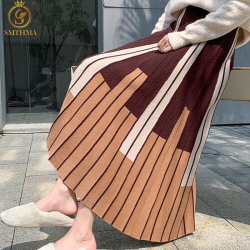SMTHMA 2021 New Autumn Winter A-Line Thick Sweater Skirt Women Good Quality Elegant Stripe Contrast Knit Long Skirt