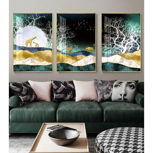 Modern Golden Abstract Landscape Art Golden Line Tree and Stone Pictures Painting Wall Art for Living Room Home Decor (No Frame)