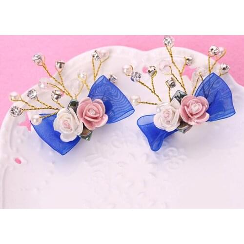 Wedding Hair Jewelry Blue Ceramic Flower Clip Crystal Pearl Hairpins Copper Wire Pearl Bridal Hair Tiara BN