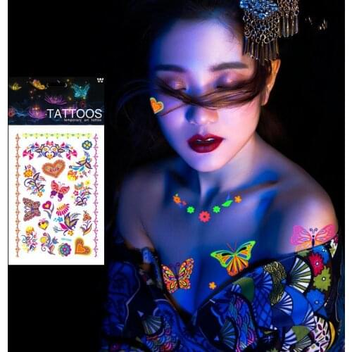 1 Sheet Luminous Temporary Tattoos Stickers Glow Dark Fluorescent Waterproof Butterfly Tattoo for Face Body Art Halloween Party