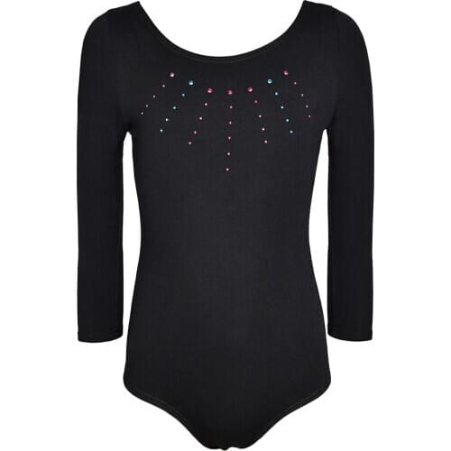 Long Sleeve Girls Crystal Solid Black Leotard Sport Dance Ballet Gymnastic Elastic Leotard