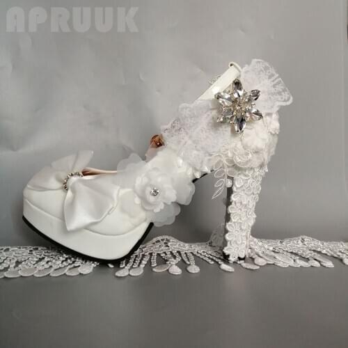 Ultra high heels wedding shoes bride handmade luxury rhinestones satin bowknot lace flower bridal platforms pumps shoes women