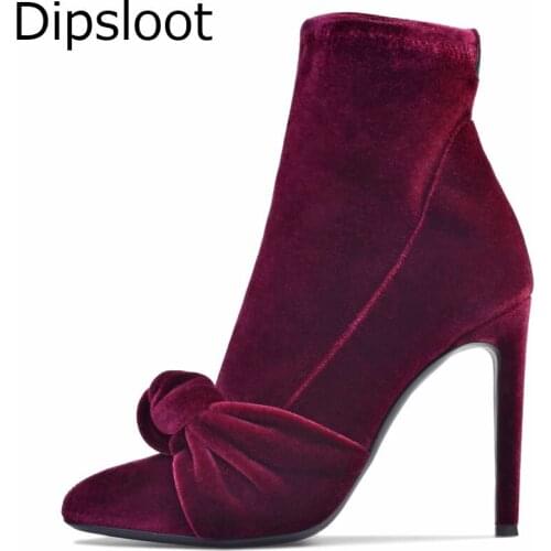 Sexy Stretch Velvet Bowtie Knot Pointed Toe Ankle Boots Stiletto Heels Women Gladiator Slip on Butterfly knot Short Bottines