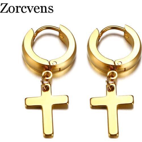 ZORCVENS Cross Earrings for Women Men Gold Color Stainless Steel Mens Drop Earrings Religious Jewelry