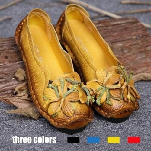 Womens Genuine Leather Handmade Flower Loafers Soft Flat Casual Shoes Womens Moccasins Maternity Doug Shoes