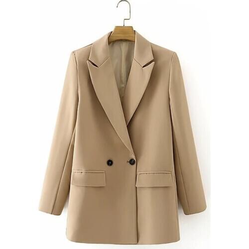 Fashion Chic Office Ladies Notch Lapel Pockets Temperament Khaki Double Breasted Suit Jacket Women