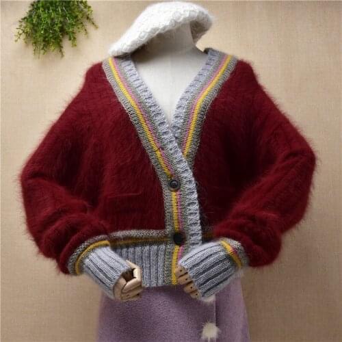 Ladies women fashion hairy plush Fall Winter colored angora rabbit hair long batwing sleeves loose short sweater cardigans coat