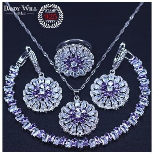 Women Fashion silver color Jewelry Sets Lovely purple And White CZ Crystal Daisy Flower Necklace Bracelets Set