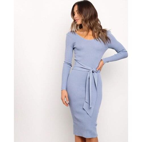 Women Casual V Neck High Waist Full Sleeve Bandage Bodycon Dress New Autumn Winter Sexy Backless Knitted Dress