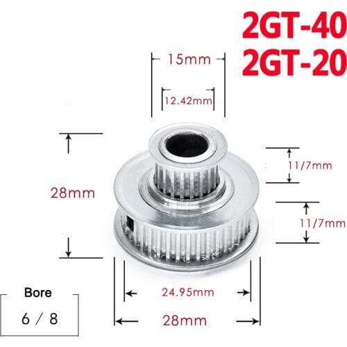1Pcs 2GT 40/20 tooth Timing Pulley Double Round-Headed Synchronous Wheel Gear For 3D Printer Parts Width 7mm 11mm Bore 6mm 8mm