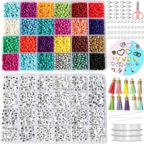 14400Pcs 3mm Glass Seed Small Pony Beads 1200Pcs Letter Alphabet Bead Craft and Art Kit Set for DIY for Girls Kids