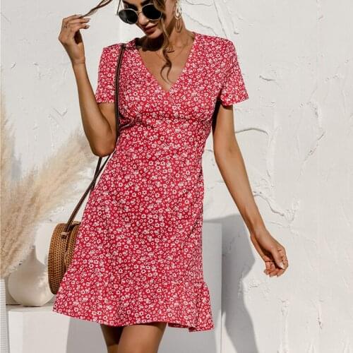 2021 Summer Beach dress for Women V-neck print floral Dots stitching ruffles Mini dress short-sleeved sexy summer fashion dress