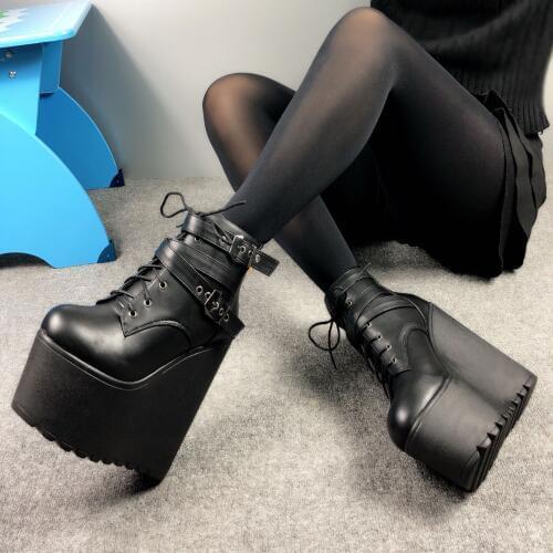 2019 Wedges Ankle Boots White Black Rubber Sole Shoes Platform Boots Women Lacing Autumn Platform Heels Shoes Heel 16 cm