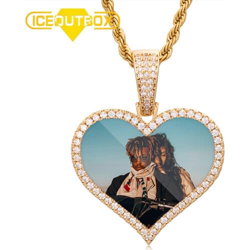Special Heart Crystal Custom Made Picture Memory Medallions Solid Pendant Necklace Cubic Zircon For Mens Hip Hop Jewelry Gift