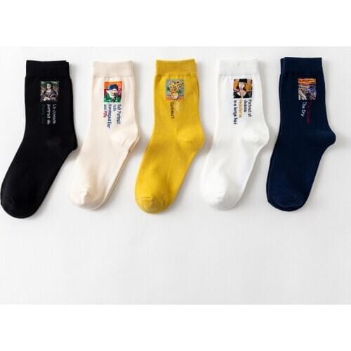 Combed Cotton Women Sunflowers Socks English Letters Literary Colorful Van Happy Retro Men Paint Cool Casual Dress Funny Crew