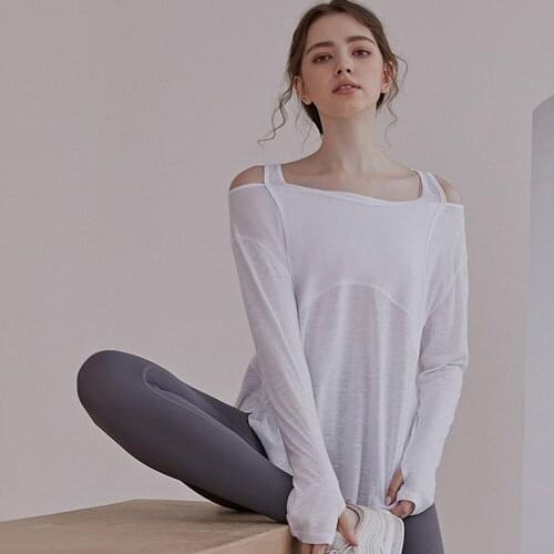 Sexy Thin Fake 2 PCS Sports Top Female Fitness Shirt Gym Long Sleeve Off Shoulder Breathable Yoga Loose Running Workout T Shirt
