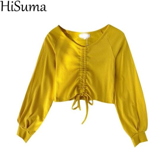 HISUMA Spring Autumn Women V-Neck Lantern Sleeve Drawstring Basic Shirt Elegant Lady Short Elastic Slim Knitted Chic Blouse Tops