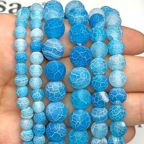 Natural Frost Matte Blue Dragon Dream Cracked Fire Agates Stone Loose Spacer Beads For DIY Jewelry Making Bracelet Accessorie