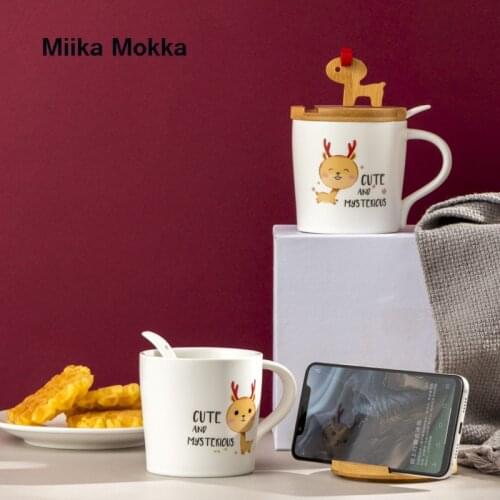 Ceramic Mug Creative Coffee Cup with Lid and Spoon Milk Cups Child Water Cup Cartoon Cute Elk Mugs Kids Gift Phone Holder Lid