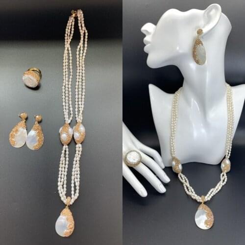 3Pcs Natural White Freshwater Rice Pearl Beaded Necklace Shell Pendant Earring Jewelry Set Party Boho Rhinestone Ring Gift Suit