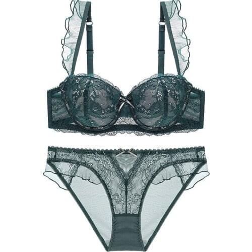 Lace Bra Set with Push-up Removable Straps Inserts Ruffles Small Breasts Bra Sexy Transparent Panty Set Underwear Women Lingerie