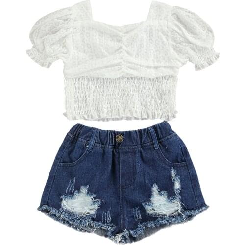 Citgeett Summer 2-7Y Toddler Girl Clothes Set Lace Floral Puff Sleeve T Shirts Tops Hole Denim Shorts Clothes Set
