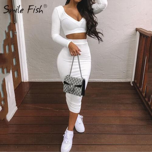 2020 Sexy Two Piece SetsV-Neck Long Sleeve Crop Top Knitted Long Skirt Party Women Sets Wrap Club Bodycon 2 Pieces Outfits GV839