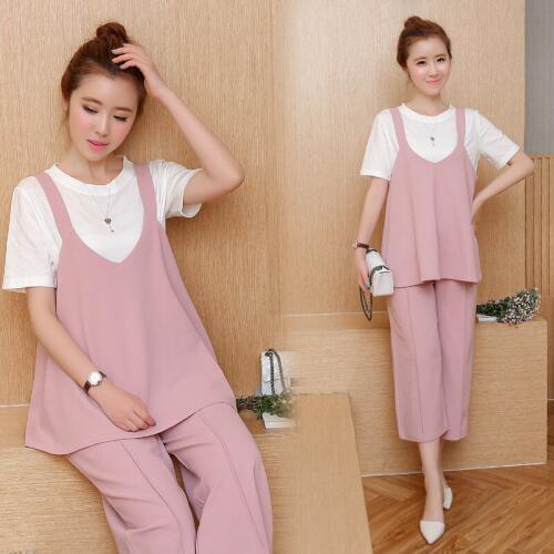 Pregnant Women Suit New Summer 2016 Skirt with Shoulder-straps Coat Abdomen Wide-legged Pants Pregnant Three Suits