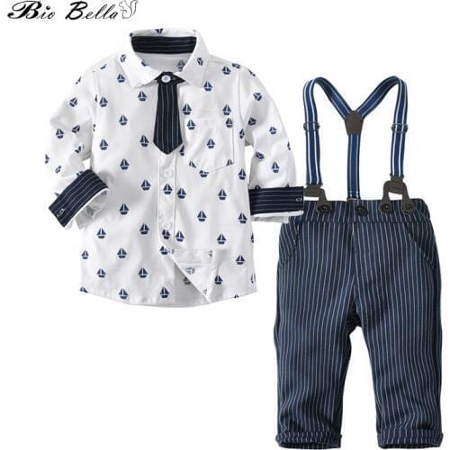 New Toddlers Baby Boys 2pcs Suit Sailing boat Print Tie Decor Long Sleeve Shirt Suspender Gentleman Boy Suit Kids Clothing