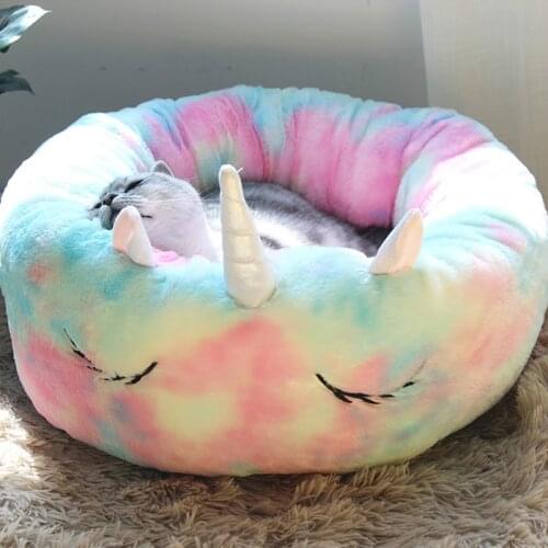 Dog Cat Bed Unicorn Round Pet Sofa Non-slip Bottom Durable Colorful Lounger Cushion Winter Dog Kennel Puppy Mat Bed Pet Cushion