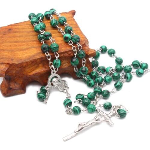 Malachite Cross Pendant Rosary Beads Chain Necklace Christian Religion Men Charm J0PC