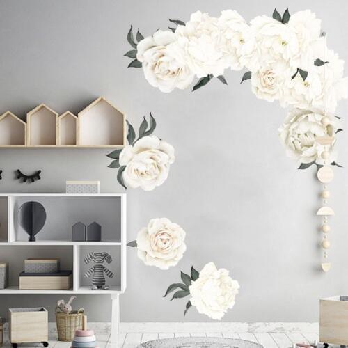 White Peony Wall Stickers for Living room Bedroom Self-adhesive Vinyl ins Wall Decals Eco-friendly Removable Art Wall Murals