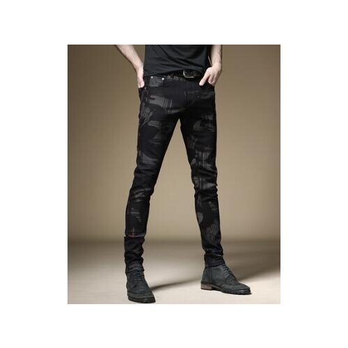 2021 New European and American style mens male black jeans slim trend print pants hip-hop summer casual denim trousers