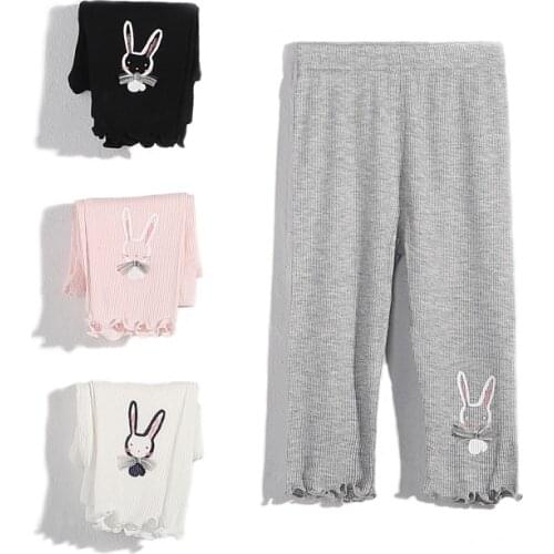2021 Summer New Style Girls Leggings Wooden Ear Rabbit Print Girls Cropped Trousers Cotton Mid-waist Pants