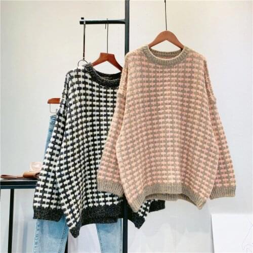 New Women Autumn O-Neck Sweater Long Sleeve Plaid Women Warm Sweater Fashion Winter Casual Women Pullovers Pull Femme