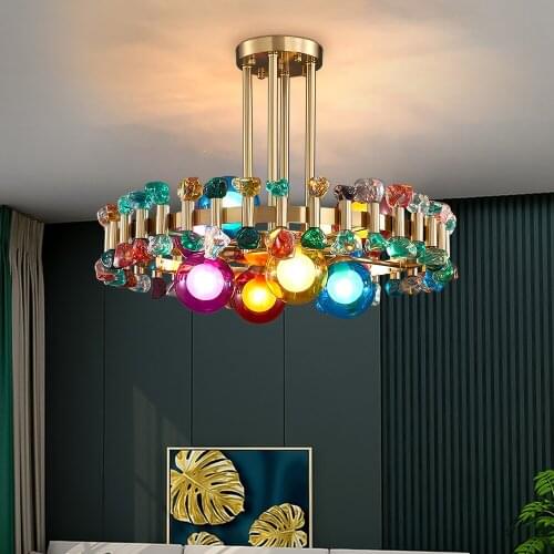 Newly Arrived Crystals Modern Chandelier for Living Room Home Decoration Gold Round Kitchen Fixture Colorful Stone Hanging Lamp