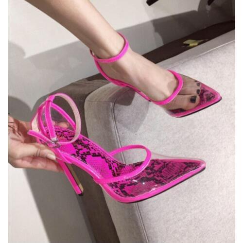 2020 Snakeskin grain Sexy PVC Transparent Pumps Ankle Buckle Strap Pointed Toe Wedding Pumps Sandals Party High Heel Femme Shoes