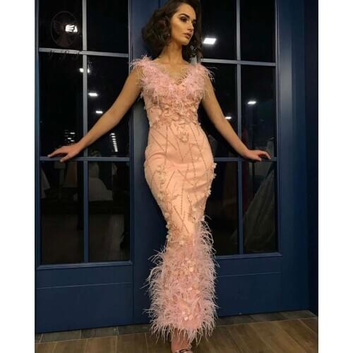 2020 Fashion Plunging V Neck Beaded 3D Flowers Sleeveless Straight Ankle Length Feather Prom Dresses