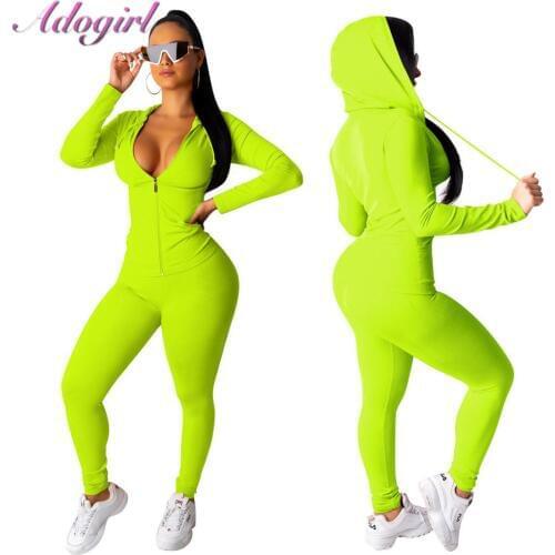 Adogirl Women Tracksuit Two Piece Set Zipper Up Long Sleeve Hooded Sweatshirts Top+ Fitness Long Pants Outfit Sporting Suit Set