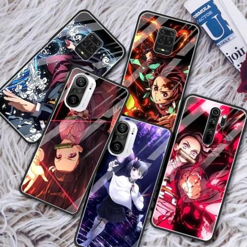 Glass Case For Redmi Note 10 9 9T 9S 8 8T 7 9A 8A K30 K40 Pro Max 5G Silicone Shell Black Cover Demon Slayer Kimetsu No Yaiba