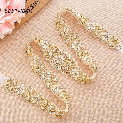 SESTHFAR Rhinestones Wedding Belt 35inch Length Bridal Belt Pearls Rose Gold Crystal Bridal Sash For Wedding Dresses
