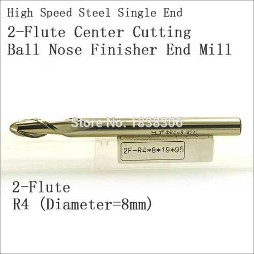 High Speed Steel HSS Single End 2-Flute Center Cutting Ball Nose Finisher End Mill Uncoated (Bright) Finish