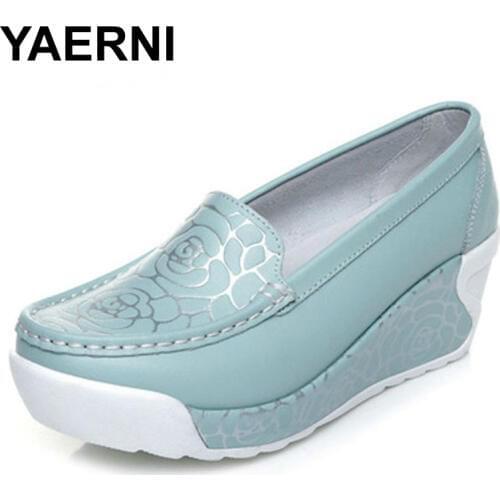 YAERNI New spring summer style soft women genuine leather shoes fashion print women pumps shoes for women sapato feminino Pump