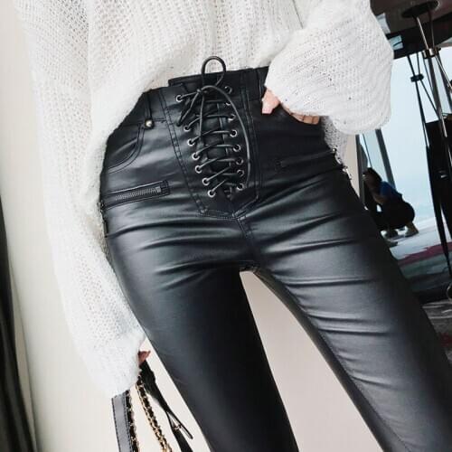 Punk Women Fashion High Waist PU Leather Trousers Lace-up Skinny Pencil Pants Girls Zipper Cuff Faux Leather Spring Winter Pants