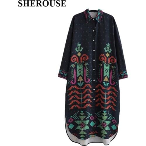 SHEROUSE Vintage Women Printed Shirt Dress Fashion Long Sleeves Lapel Collar Chic Lady Casual Midi Dresses Woman