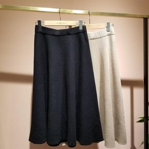 Winter Ladies Pure Color Elegant High Waist Warm Stretch Chic Bust A-Line Knitted Skirt Temperament